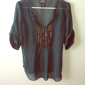 Hunter green top with bronze beading.